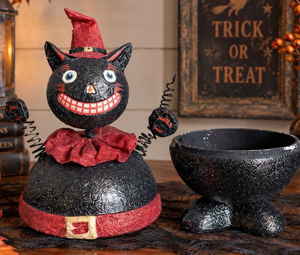 Vtg Halloween Black Cat Witch Candy Bowl Treat Bucket Glitter Primitive Decor